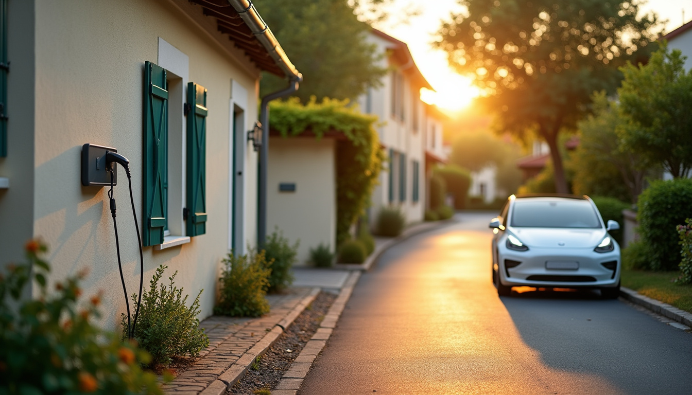Vue d'une rue résidentielle à Monts avec une voiture électrique en cours de recharge sur une borne installée à l'extérieur d'une maison