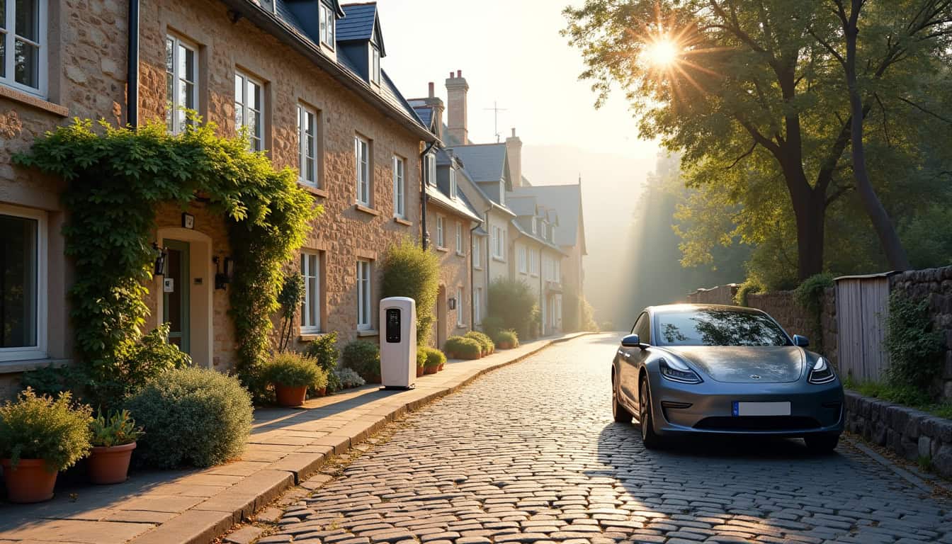 Vue d'une rue typique de Mont-Dol avec une voiture électrique en charge près d'un bâtiment communal