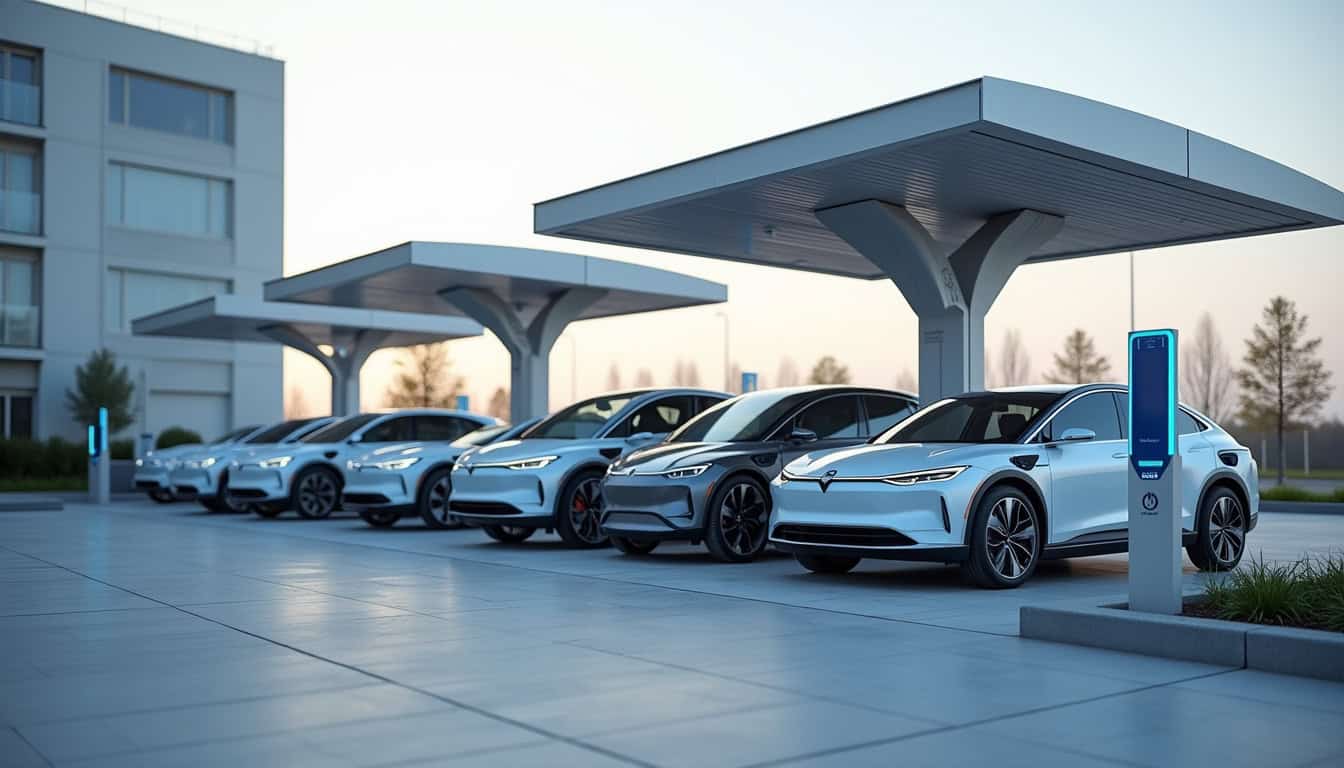 Vue d'une station de recharge rapide IONITY à Saint-Witz, avec plusieurs véhicules en charge