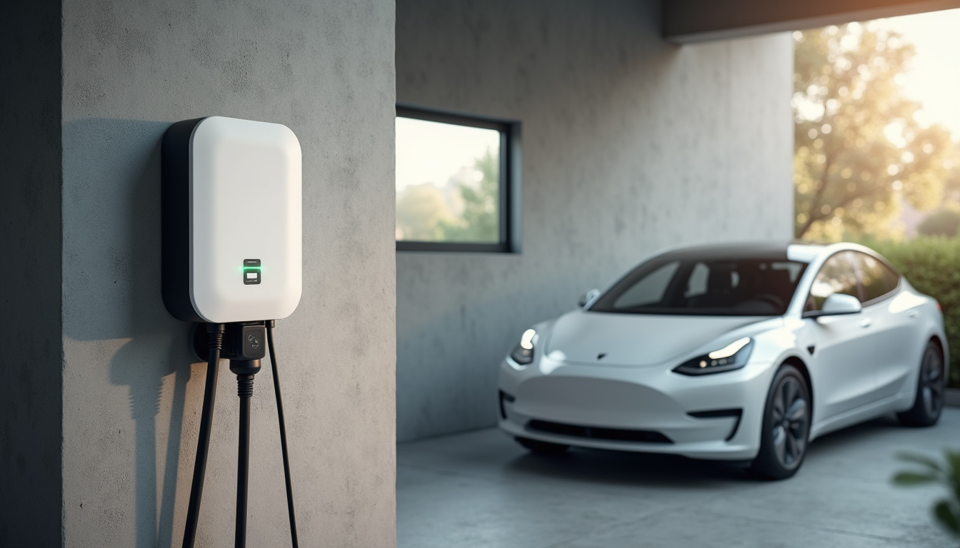 Vue d'une wallbox installée dans un garage à Emmerin avec véhicule électrique en charge