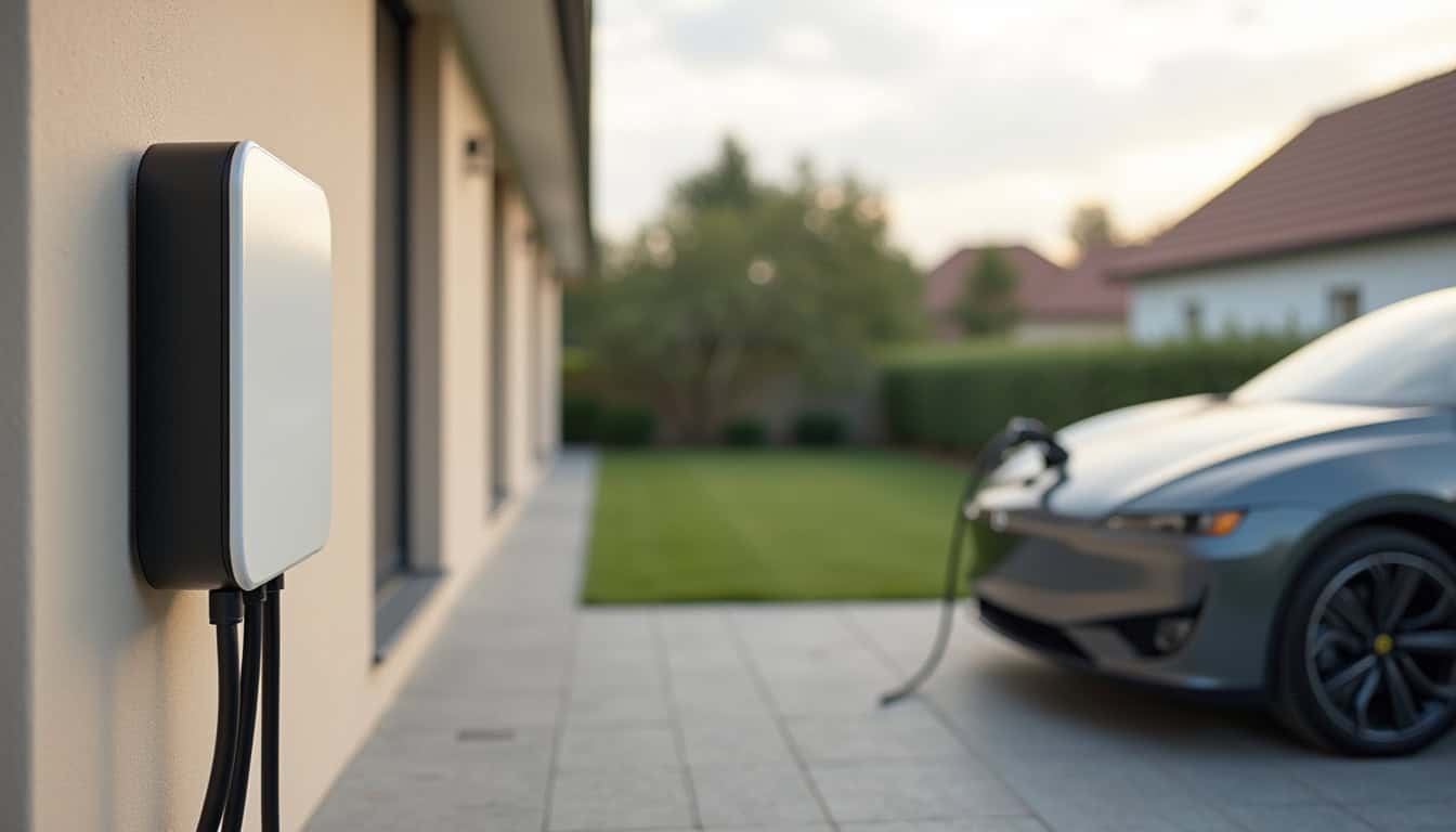 Vue d'une wallbox installée sur un mur extérieur près d'une voiture électrique