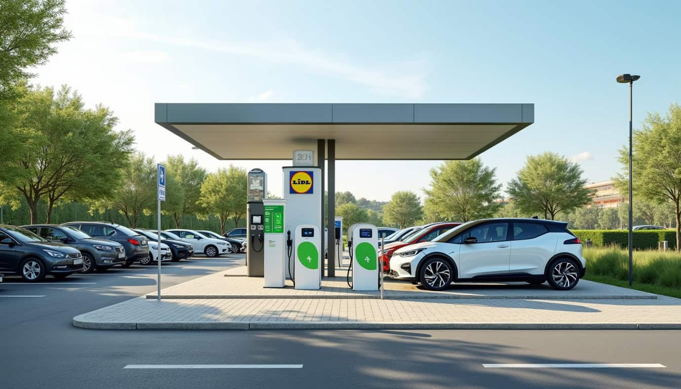 Vue extérieure de la station de recharge Lidl située chemin de Thézan à Lieuran-lès-Béziers