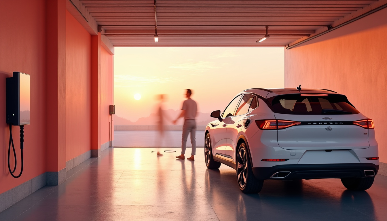 Vue intérieure d'un garage à Viuz-en-Sallaz avec une borne de recharge murale connectée à une voiture électrique