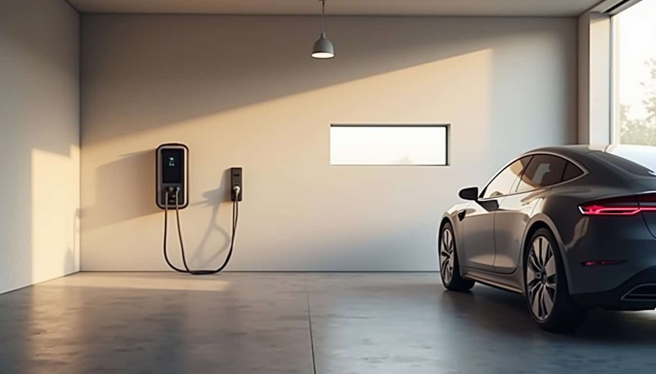 Vue intérieure d'une maison avec une borne de recharge installée dans le garage