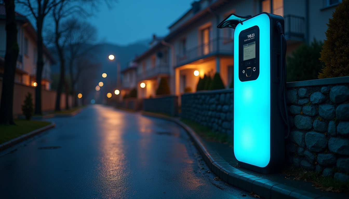 Vue nocturne d'une borne de recharge électrique allumée dans une rue résidentielle à Assat