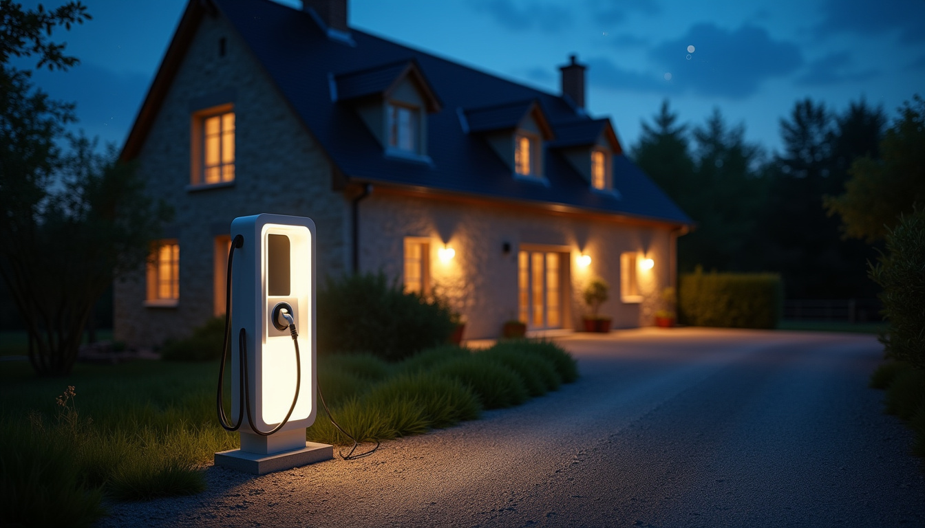 Vue nocturne d’une borne de recharge électrique éclairée devant une maison à Courpière