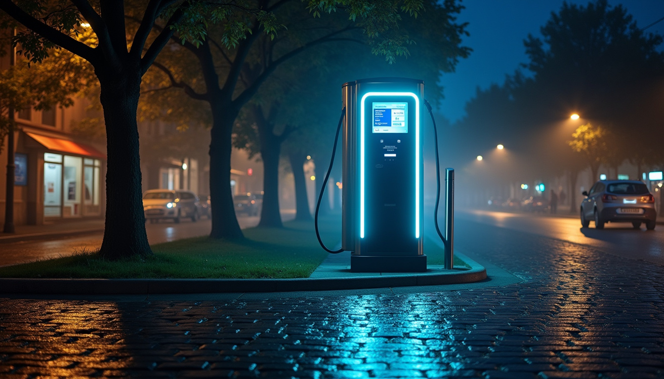 Vue nocturne d'une borne de recharge publique à Saint-Clair-du-Rhône