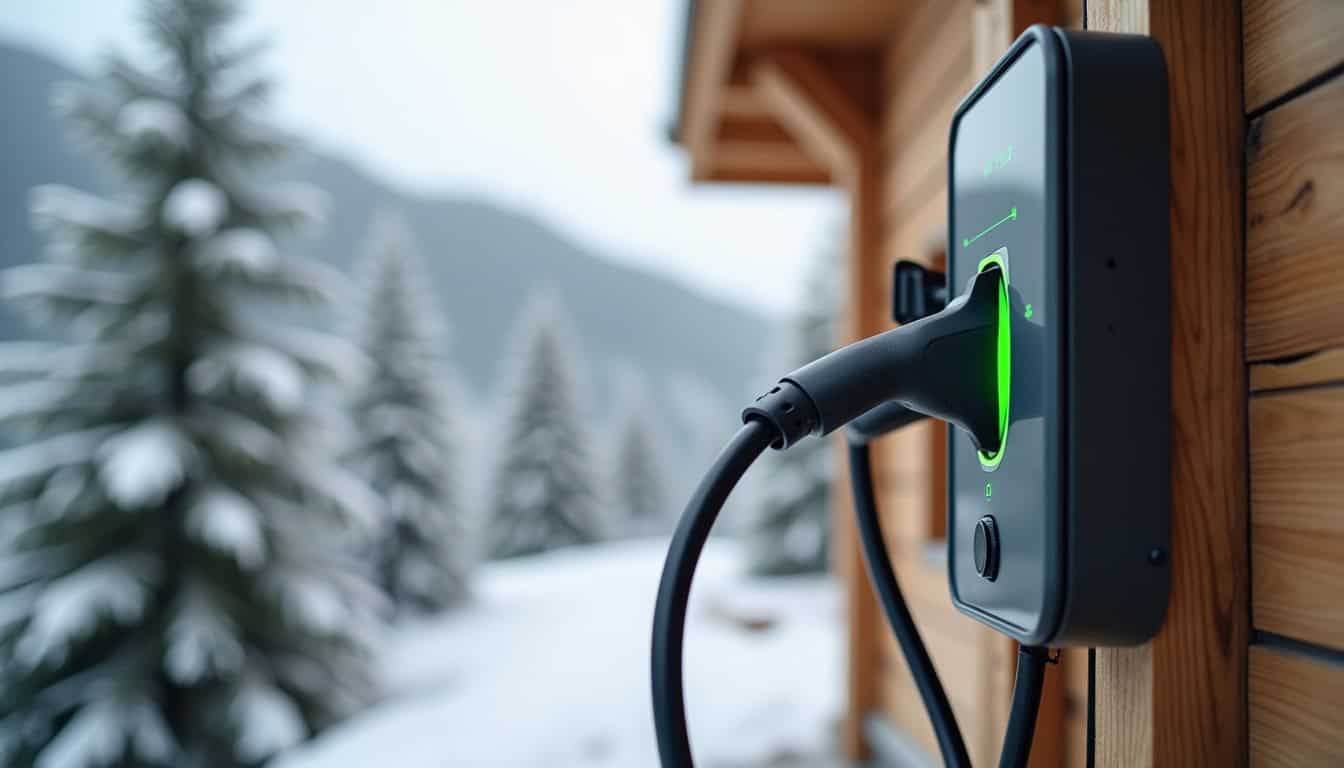 Vue rapprochée d'une borne de recharge électrique avec prise de type 2 à Les Gets
