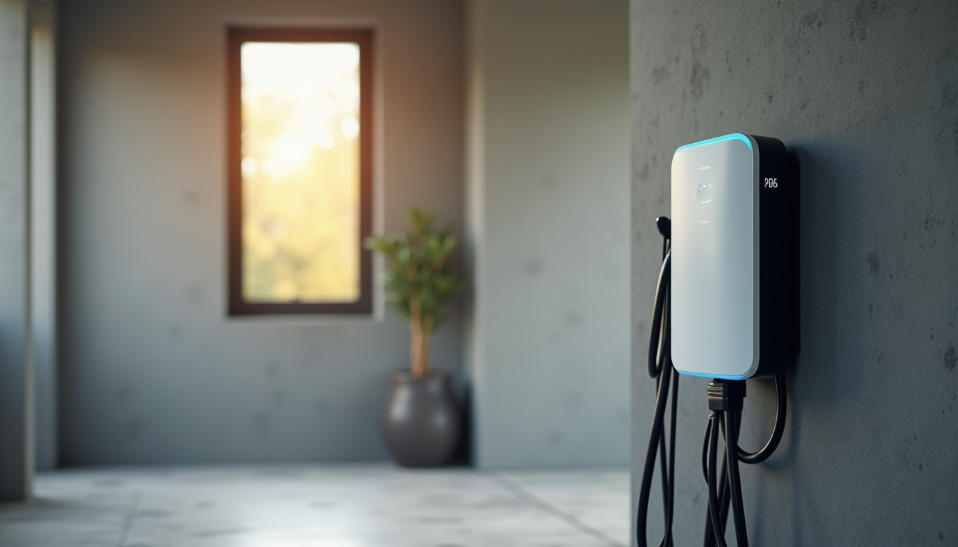 Vue rapprochée d'une borne de recharge électrique installée dans un garage à Malauzat