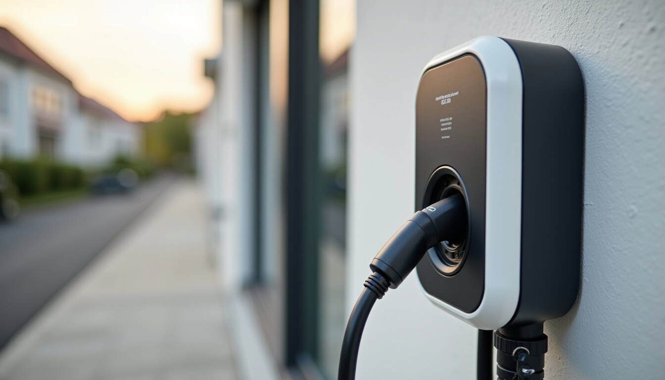 Vue rapprochée d'une borne de recharge électrique murale installée, montrant les connexions sécurisées et l'attestation de conformité posée à côté du boîtier