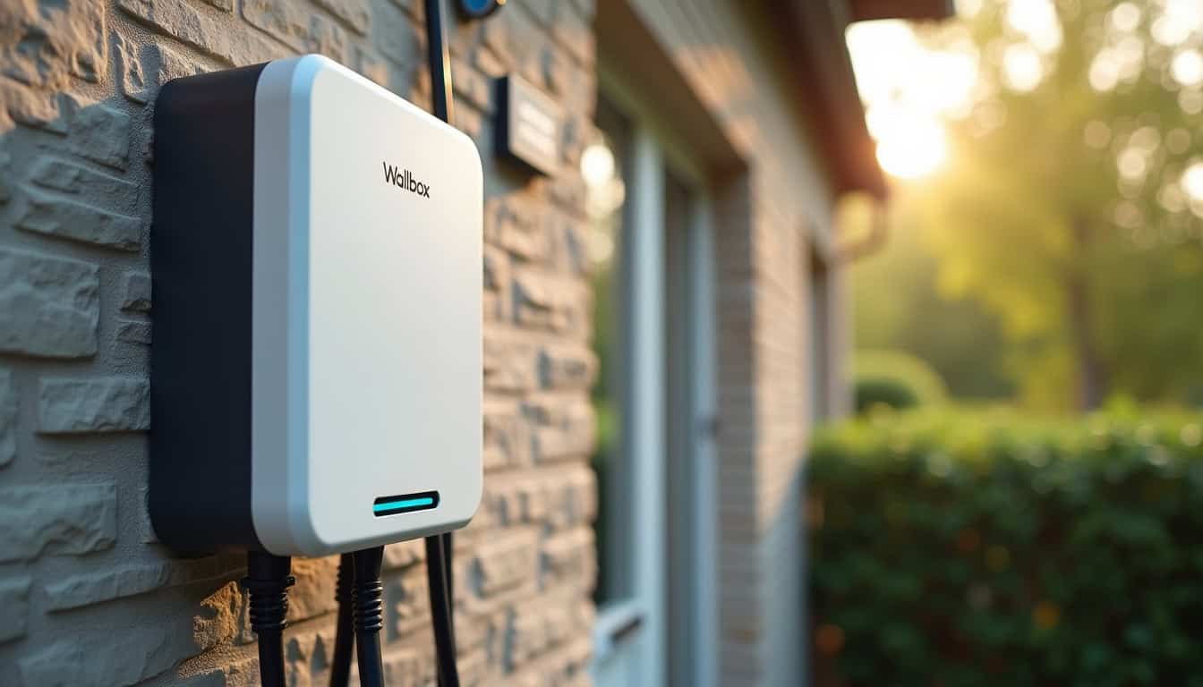 Vue rapprochée d'une borne de recharge murale de marque Wallbox installée à l'extérieur d'une maison à Montbartier