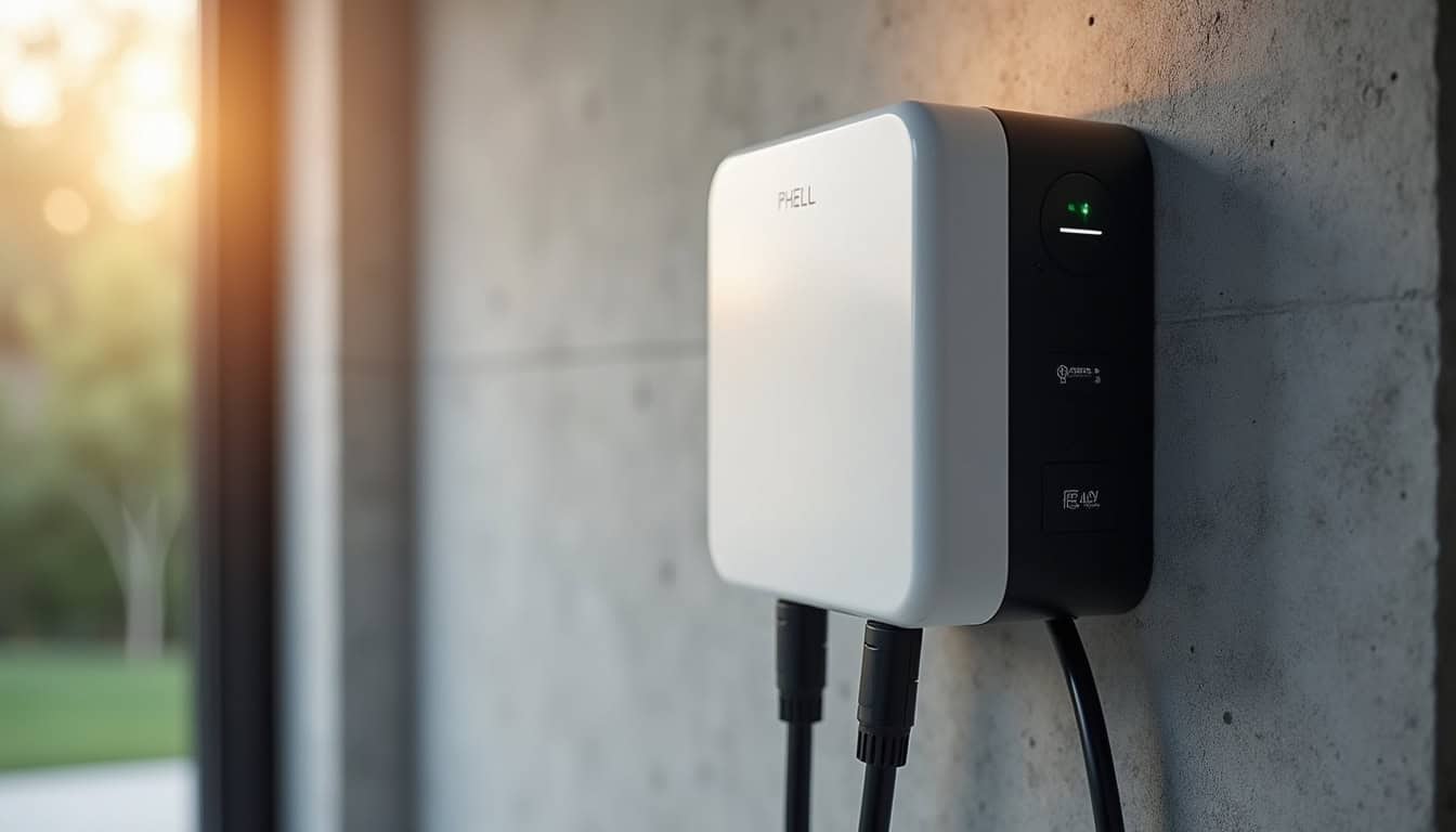 Vue rapprochée d'une borne de recharge murale équipée d’un câble intégré, installée dans un garage à Cranves-Sales