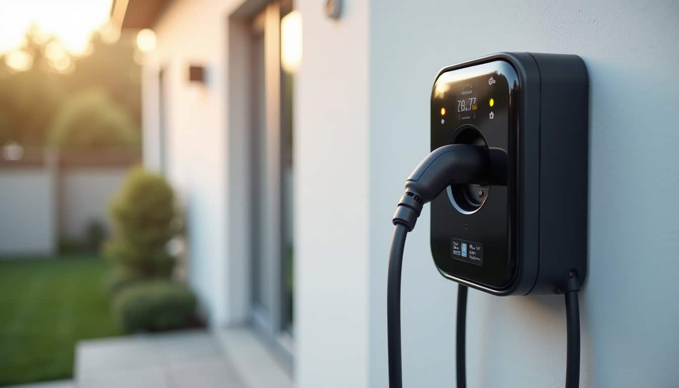 Vue rapprochée d'une borne de recharge wallbox équipée d'un écran et d'une connectivité Bluetooth et Wi-Fi