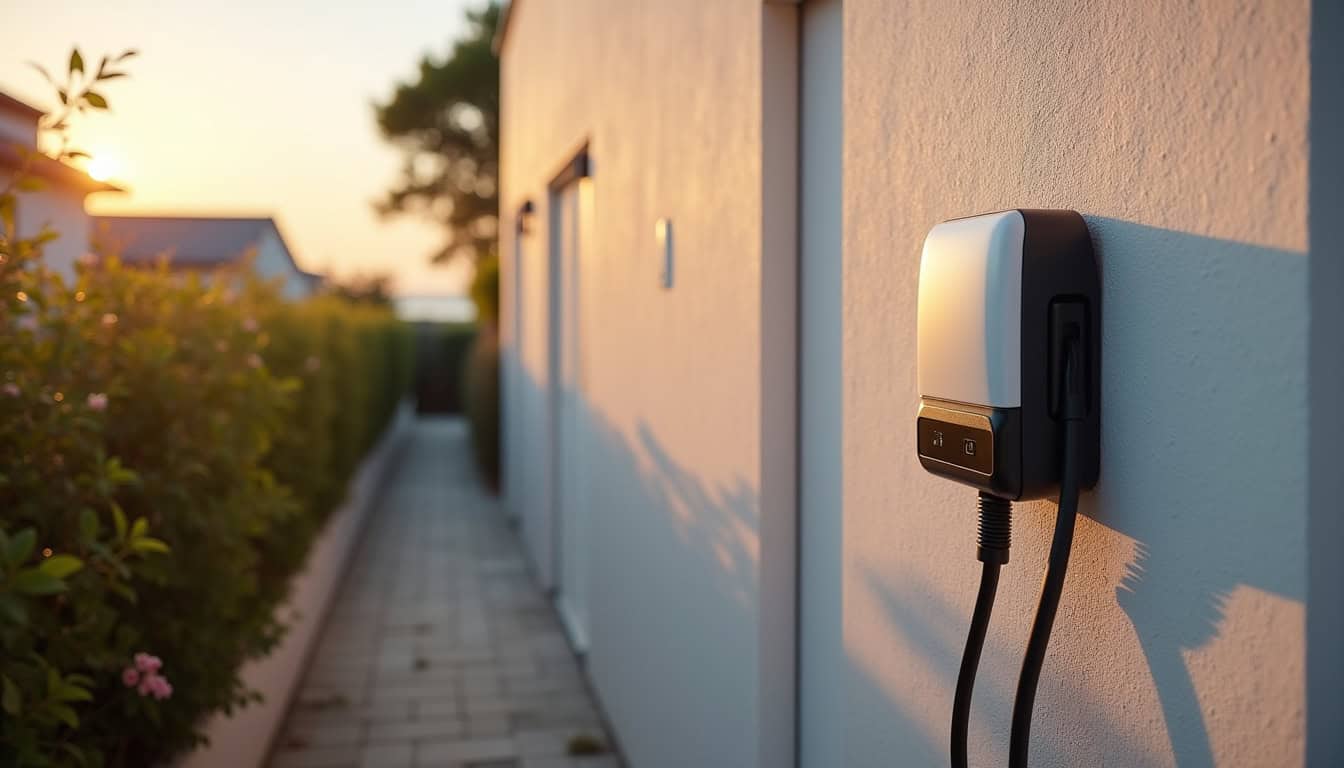 Vue rapprochée d'une borne murale (wallbox) installée à l'extérieur d'une habitation à Fouras