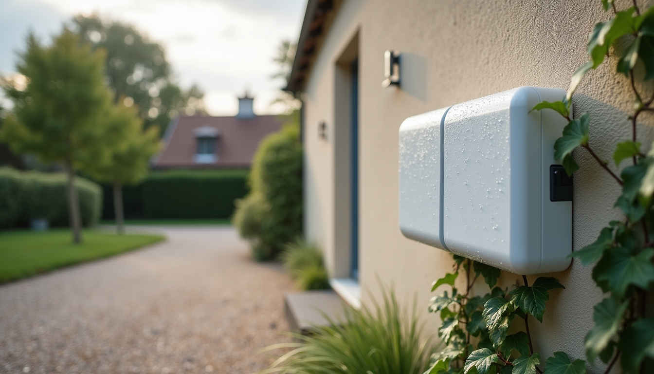 Vue rapprochée d’une wallbox murale de marque Legrand installée à l’extérieur d’une maison à Ourville-en-Caux