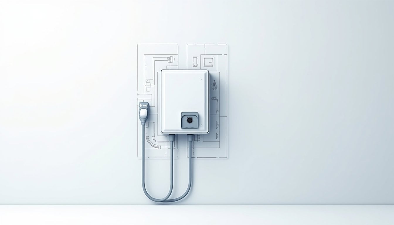 Vue schématique d'une borne de recharge murale avec câblage et tableau électrique
