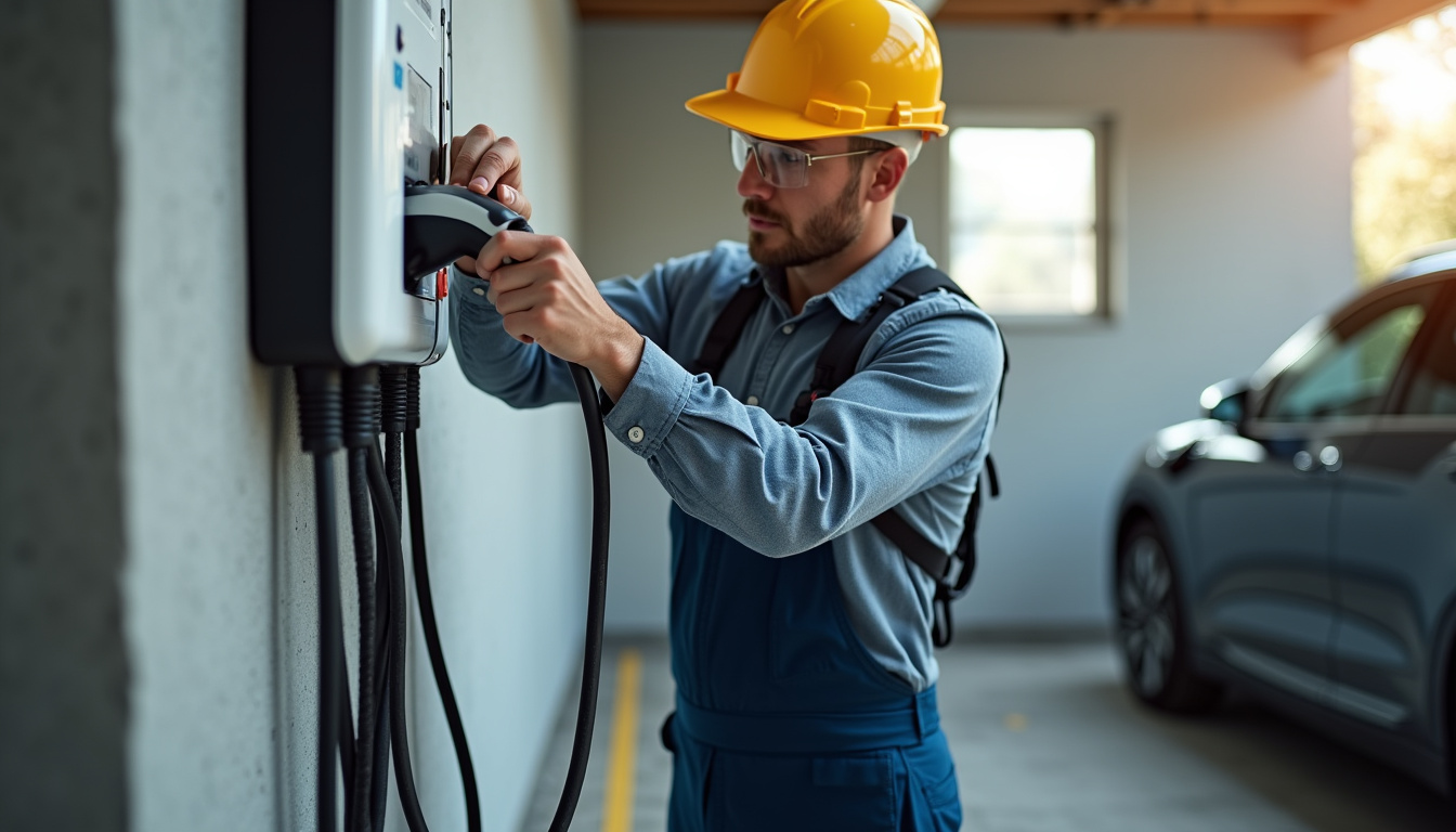 Vue technique d'une borne de recharge en cours d'installation par un professionnel