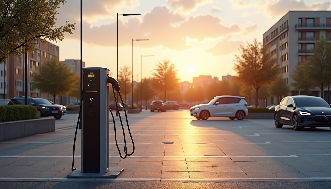 Vue urbaine de L'Escale avec une borne de recharge visible sur un parking public, fin de journée