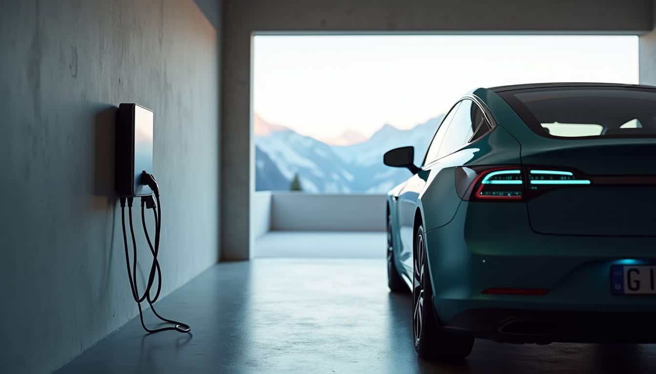 Wallbox installée à l'intérieur d'un garage à Les Fourgs, connectée à un véhicule électrique en charge