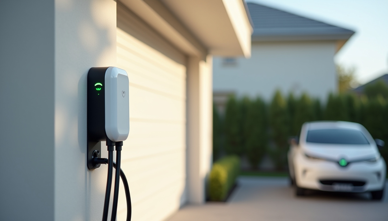 Borne de recharge électrique connectée en fonctionnement devant un garage