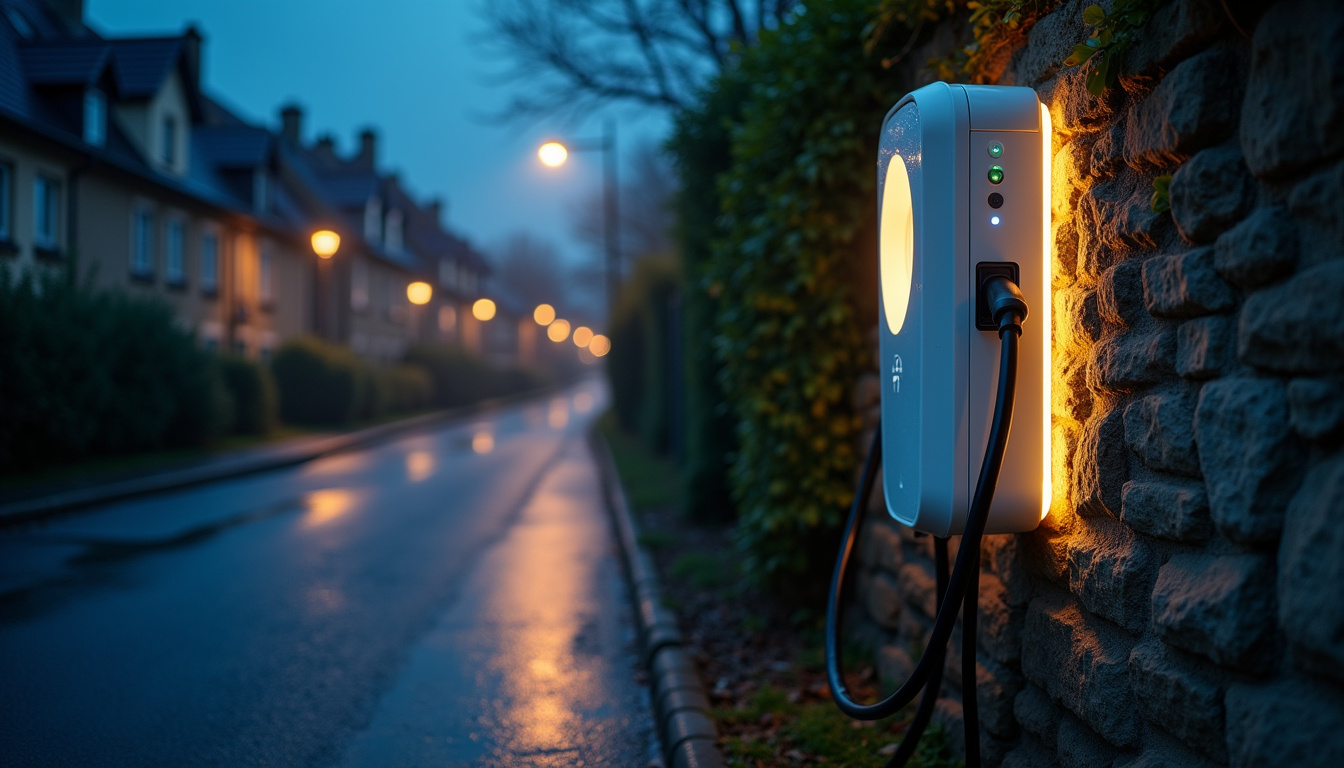 Borne de recharge électrique connectée en fonctionnement la nuit, vue extérieure à Vendœuvres