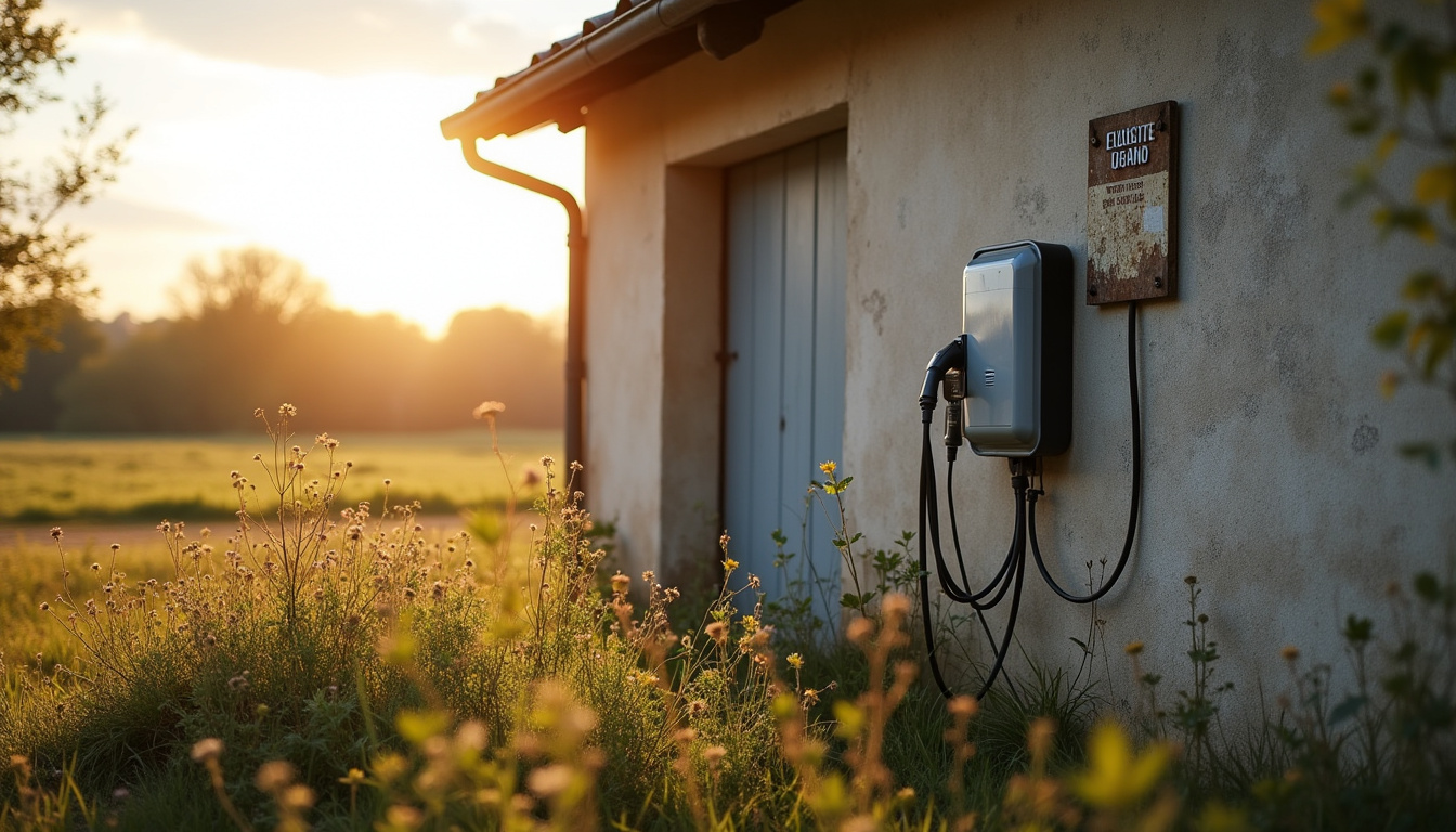 Borne de recharge électrique en extérieur à Chilleurs-aux-Bois, située devant un garage en zone rurale