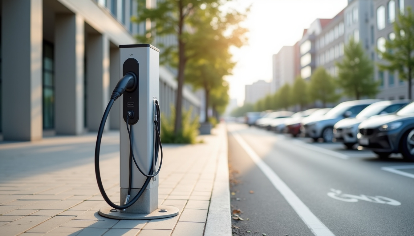 Borne de recharge électrique en milieu urbain à Thouars, installée sur un parking public