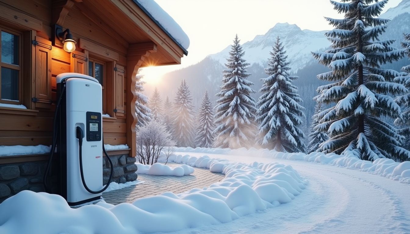 Borne de recharge électrique installée à l'extérieur d'un chalet à La Clusaz, recouverte de neige légère mais toujours accessible