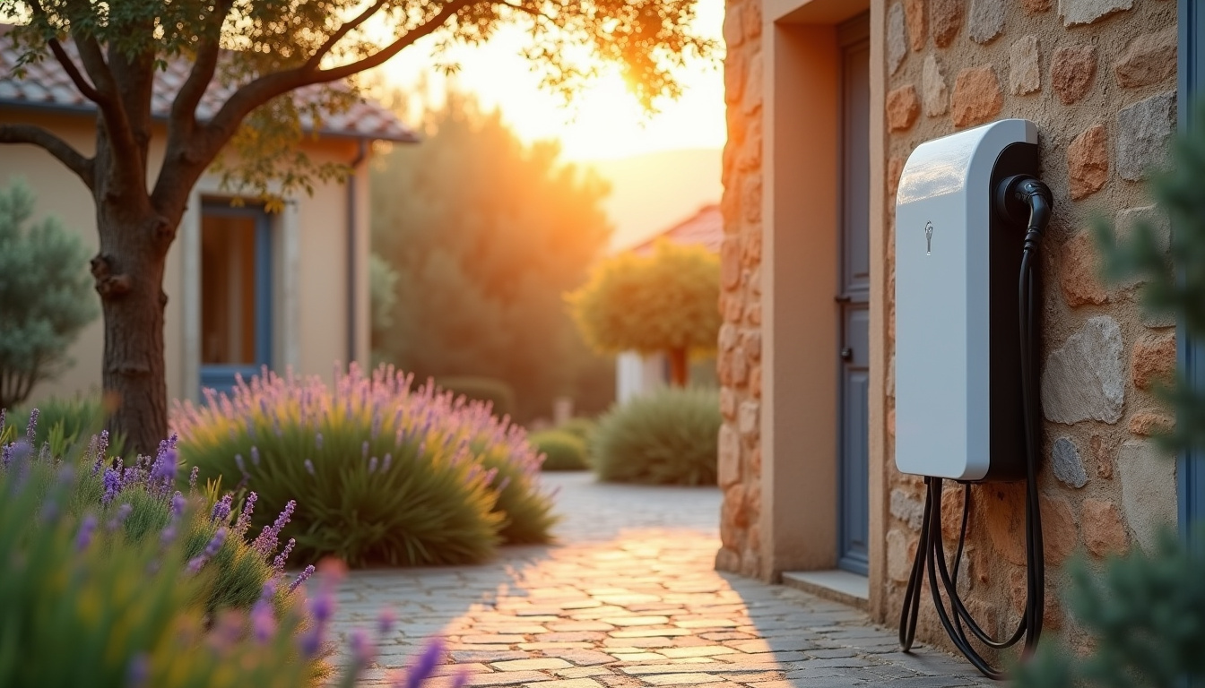 Borne de recharge électrique installée à l'extérieur d'une maison à Plan-d'Aups-Sainte-Baume