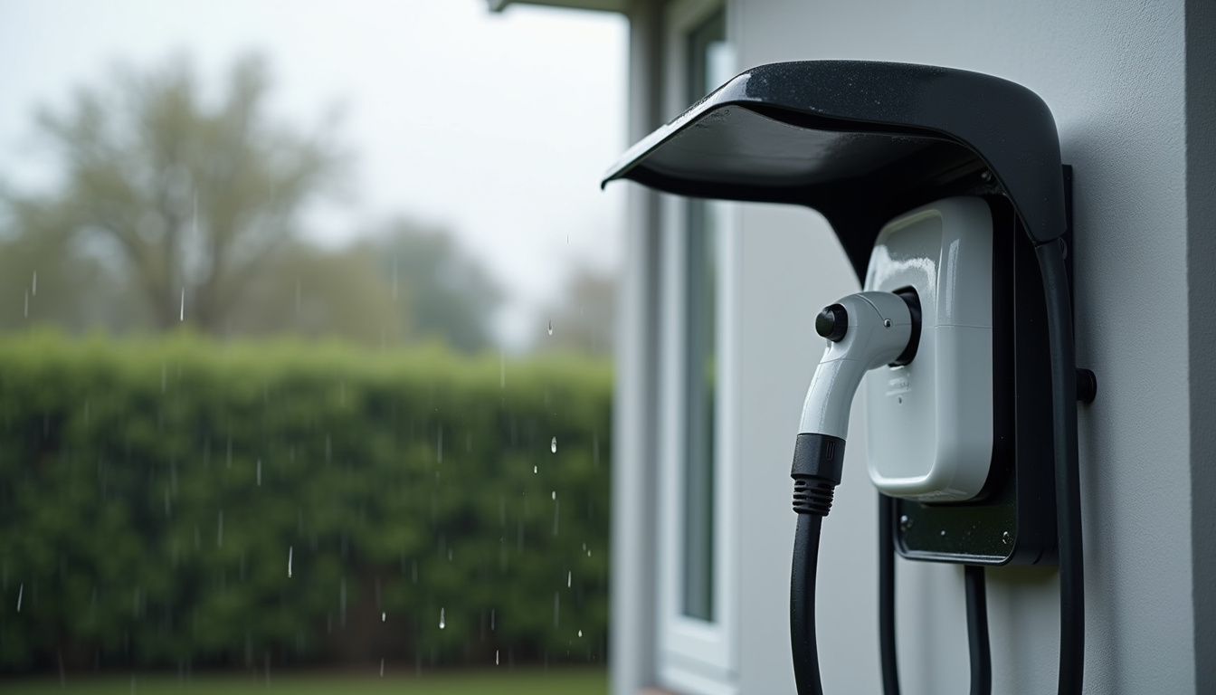 Borne de recharge électrique installée à l'extérieur d'une maison, protégée des intempéries