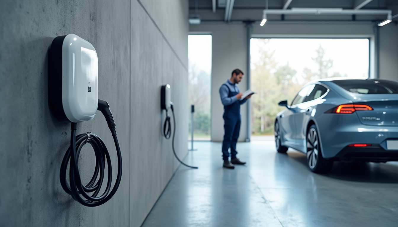 Borne de recharge électrique installée dans un garage à Brûlon