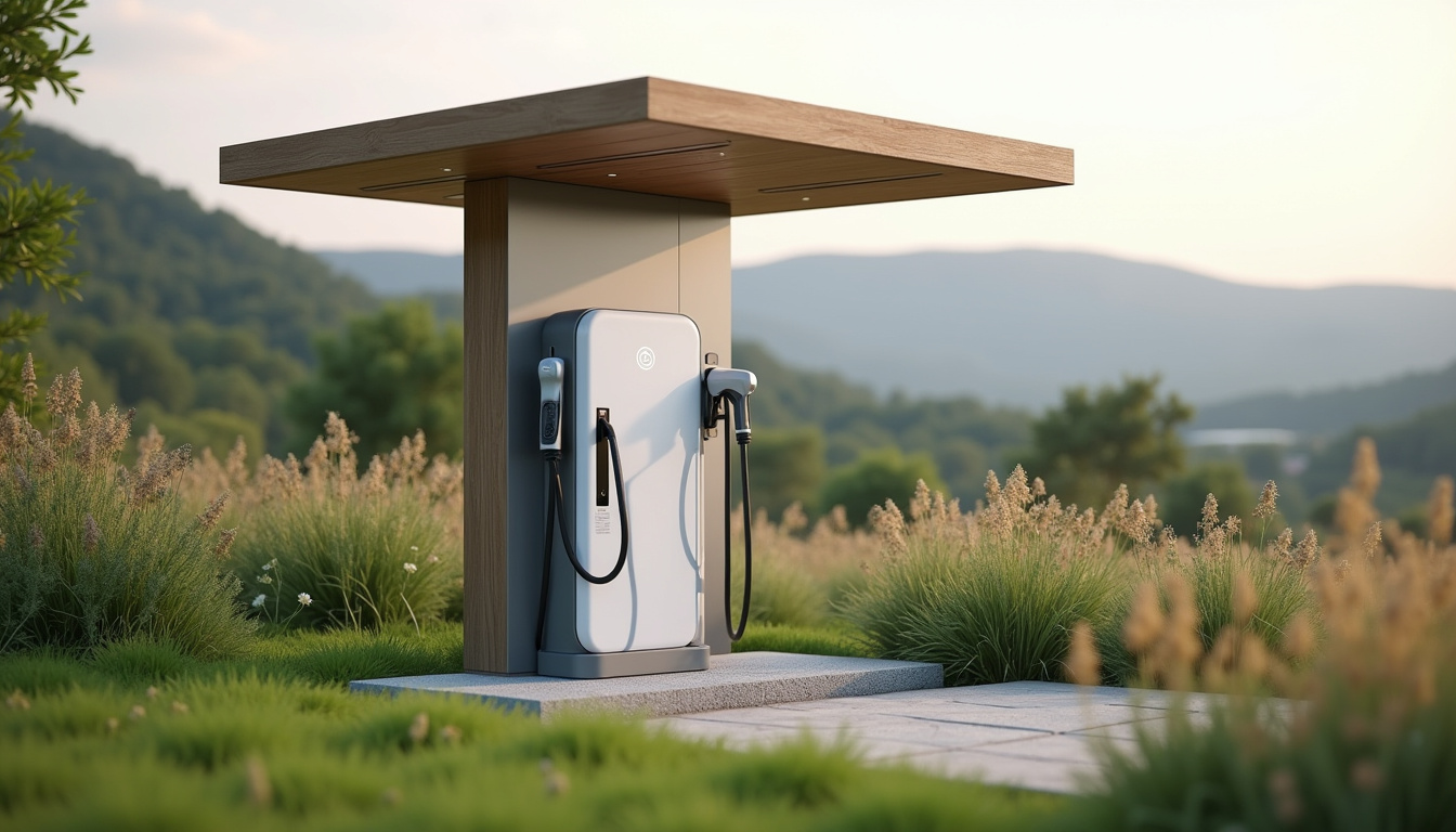 Borne de recharge électrique installée dans un jardin à Bussière-Dunoise, protégée par un abri extérieur