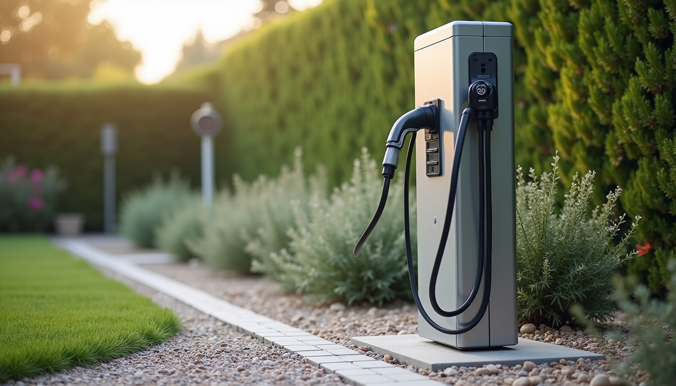 Borne de recharge électrique installée dans un jardin à Le Plan-de-la-tour, en extérieur, avec câbles protégés et socle fixé au sol