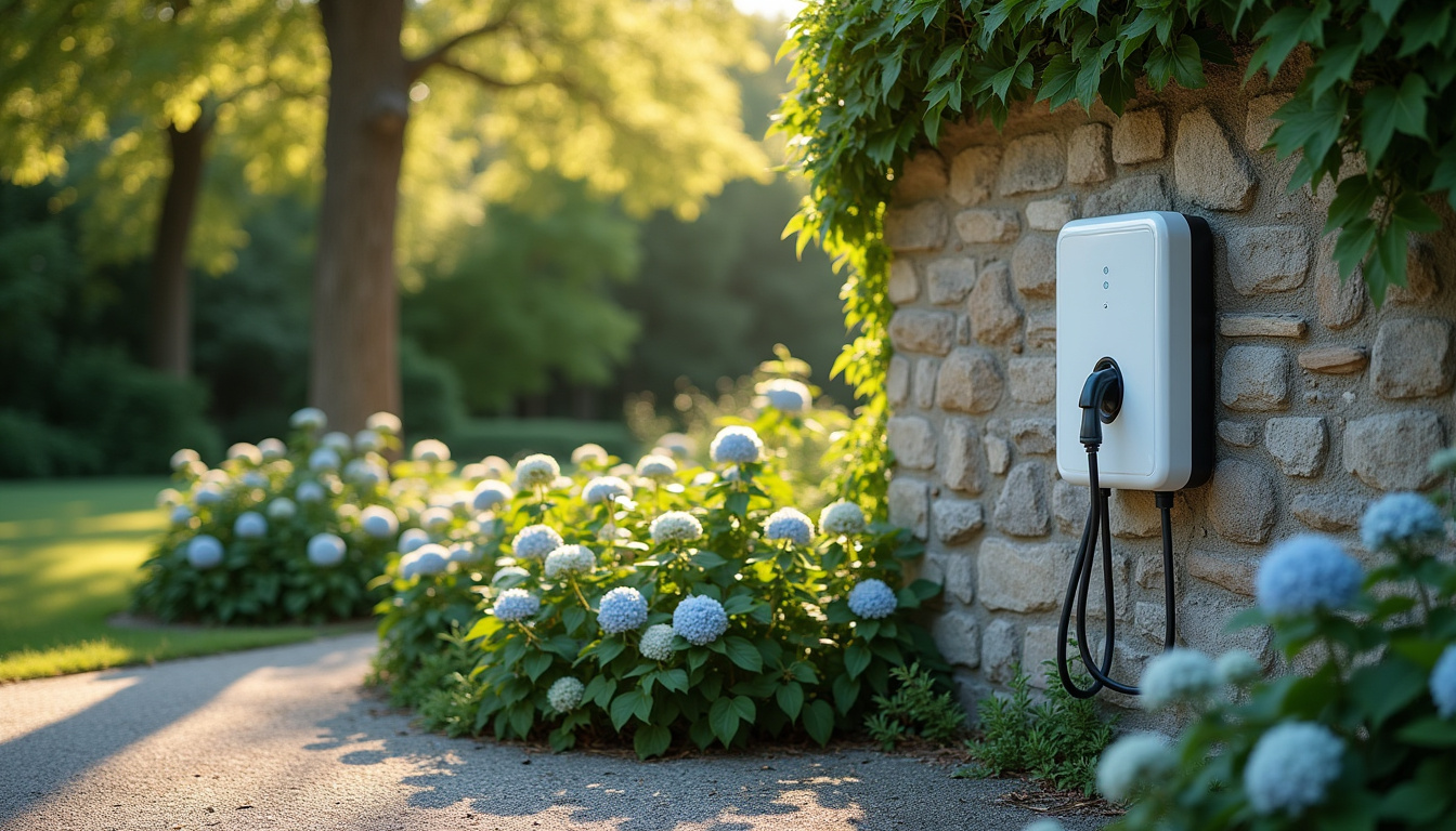 Borne de recharge électrique installée dans un jardin à Saint-Mars-la-Réorthe