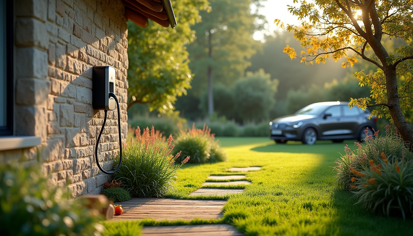 Borne de recharge électrique installée dans un jardin à Samadet, Landes