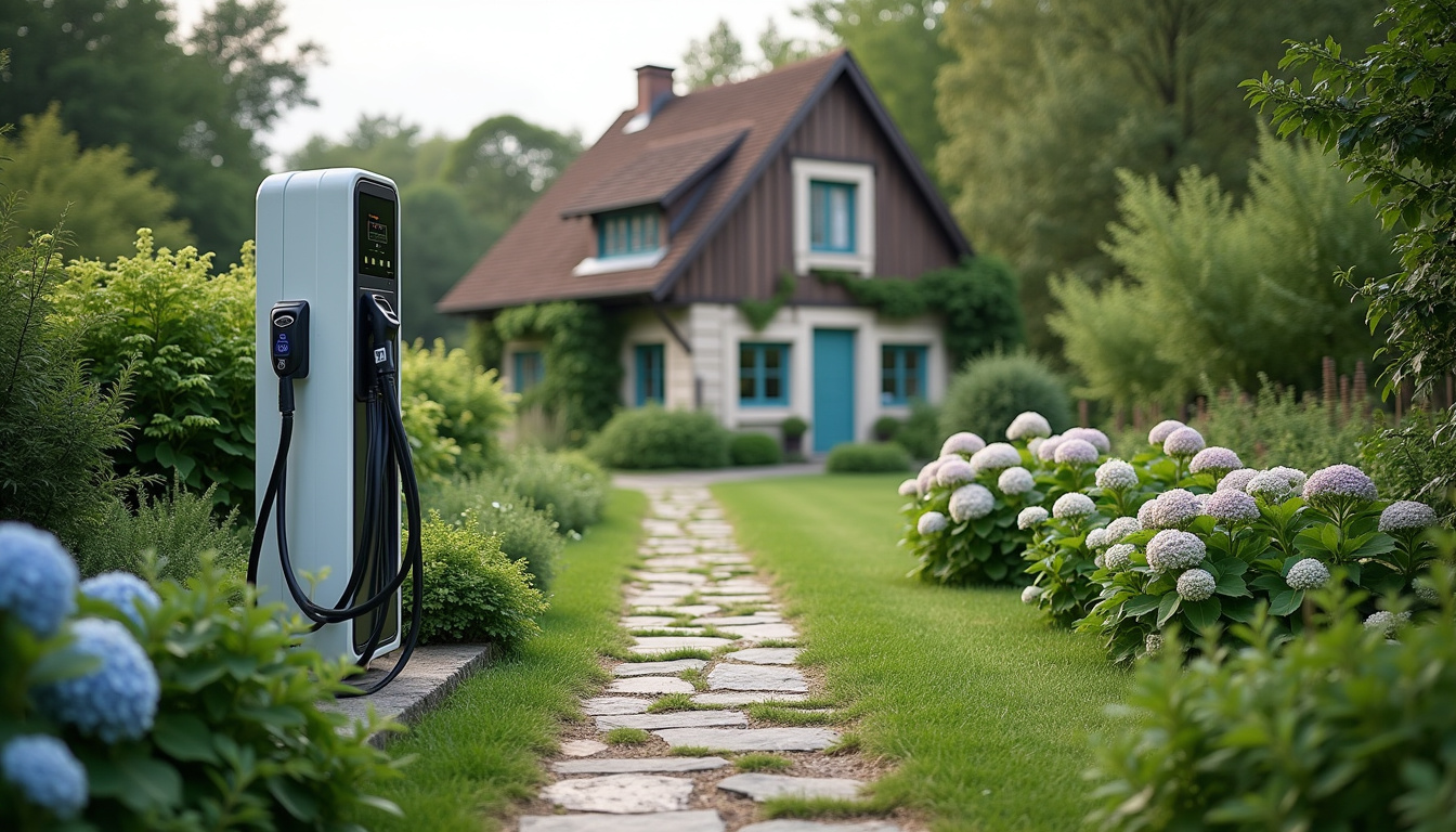Borne de recharge électrique installée dans un jardin à Yébleron, environnement rural normand