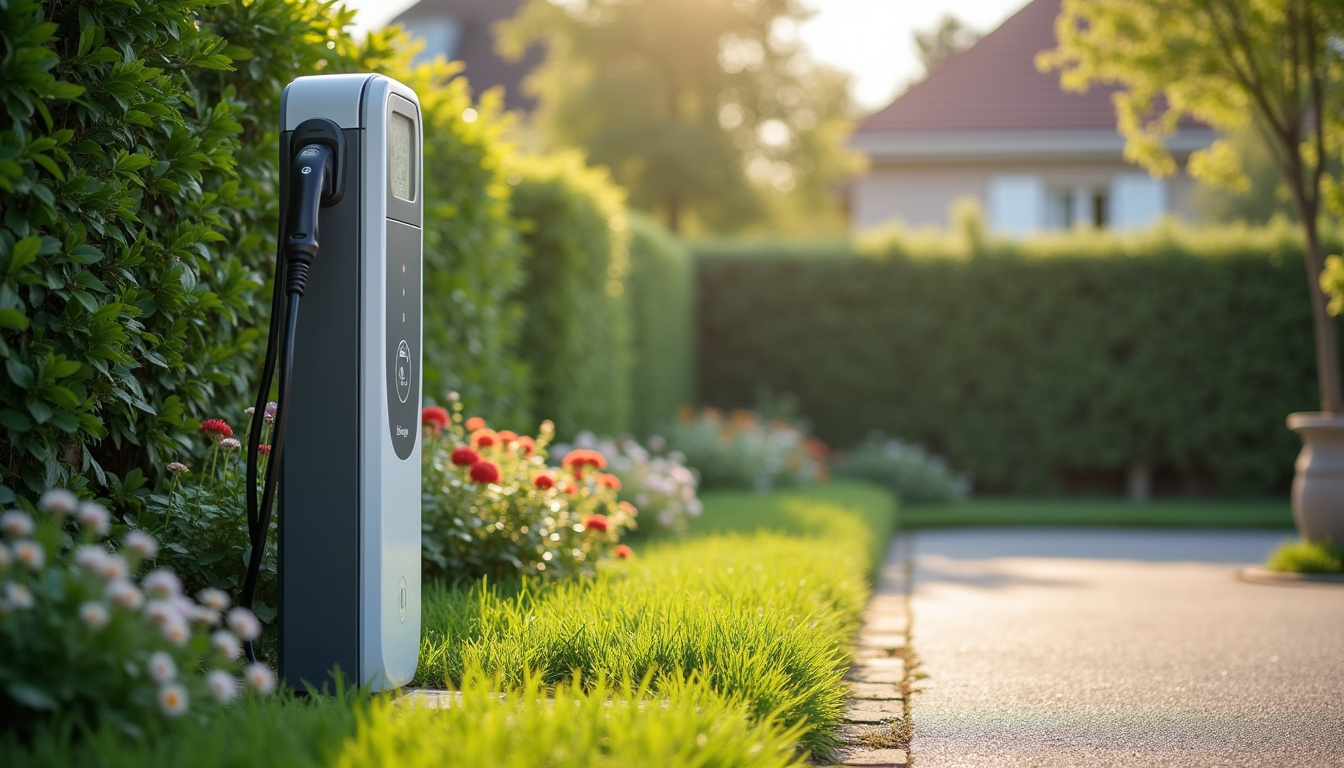 Borne de recharge électrique installée dans un jardin de maison à Bailleval