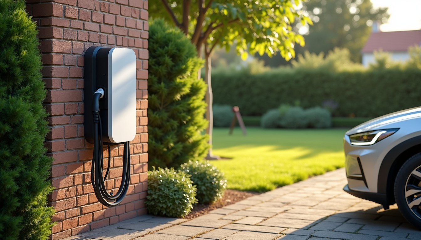Borne de recharge électrique installée dans un jardin de maison à Limetz-Villez