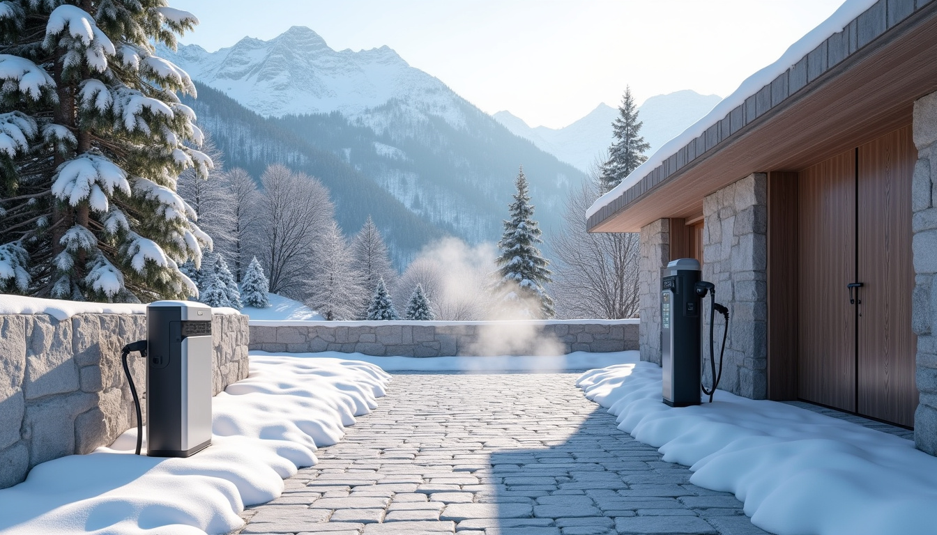 Borne de recharge électrique installée dans un jardin privé à Megève, environnement montagnard et neige en arrière-plan