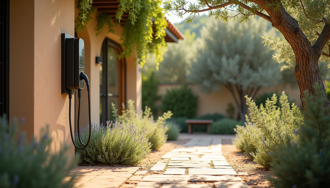 Borne de recharge électrique installée dans un jardin résidentiel à Vendargues, entourée de végétation méditerranéenne