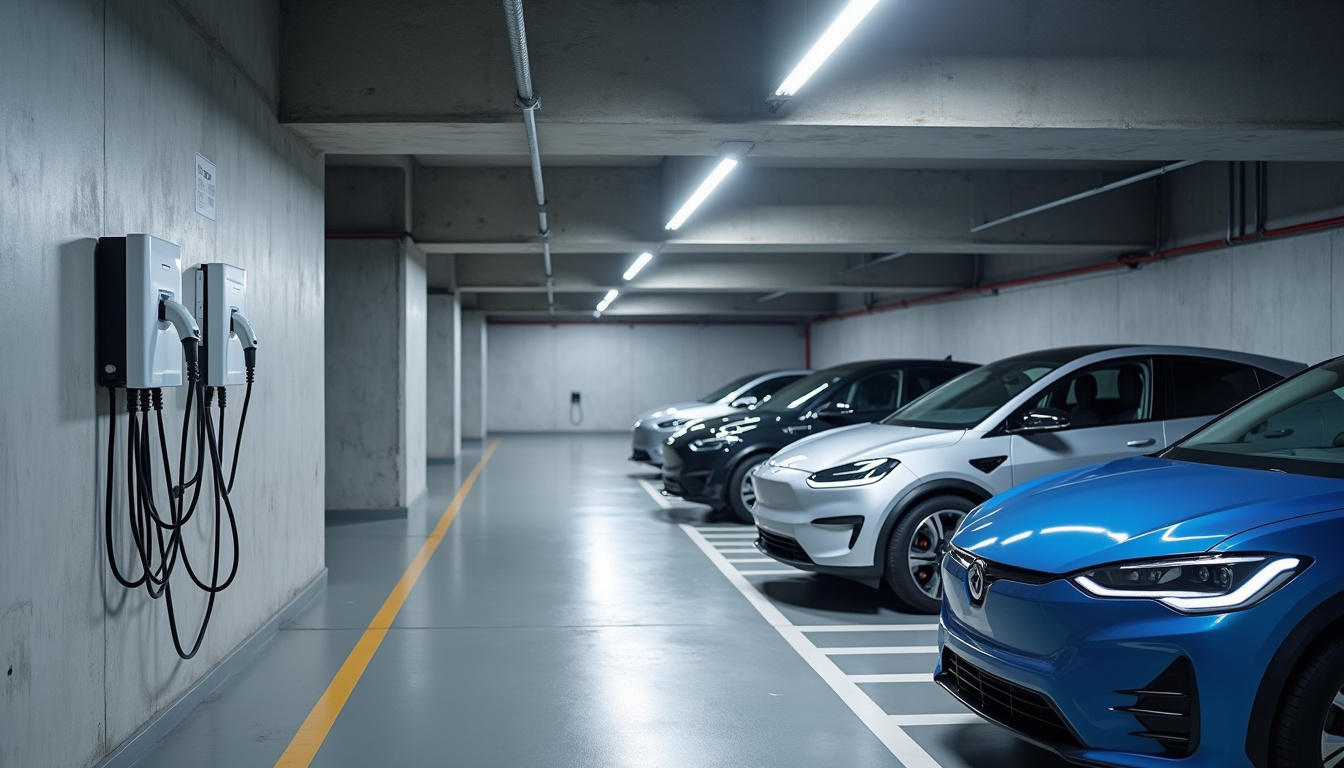 Borne de recharge électrique installée dans un parking collectif à Morbier, avec plusieurs véhicules électriques à proximité