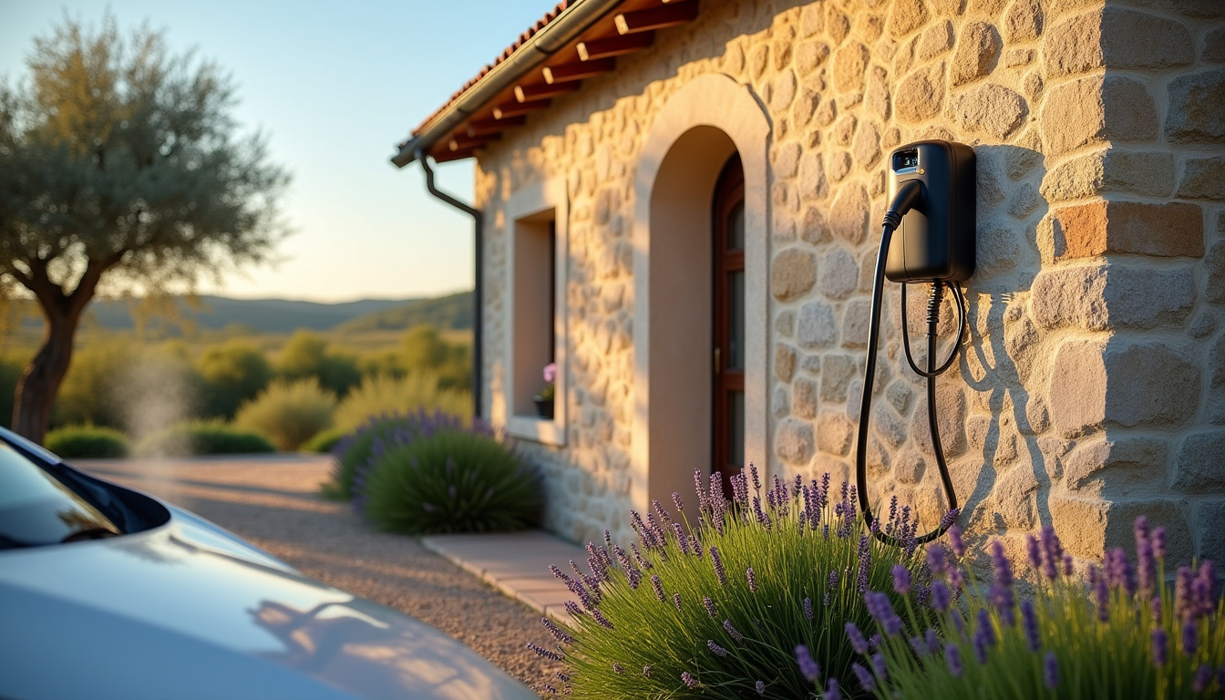 Borne de recharge électrique installée dans une maison à Lourmarin, vue extérieure