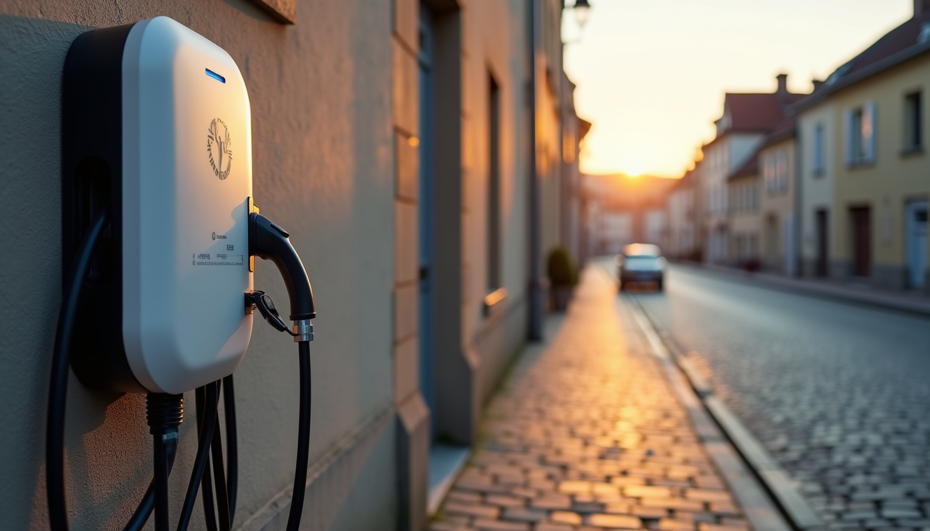 Borne de recharge électrique installée dans une rue de Fougères, montrant un modèle moderne fixé sur un mur extérieur