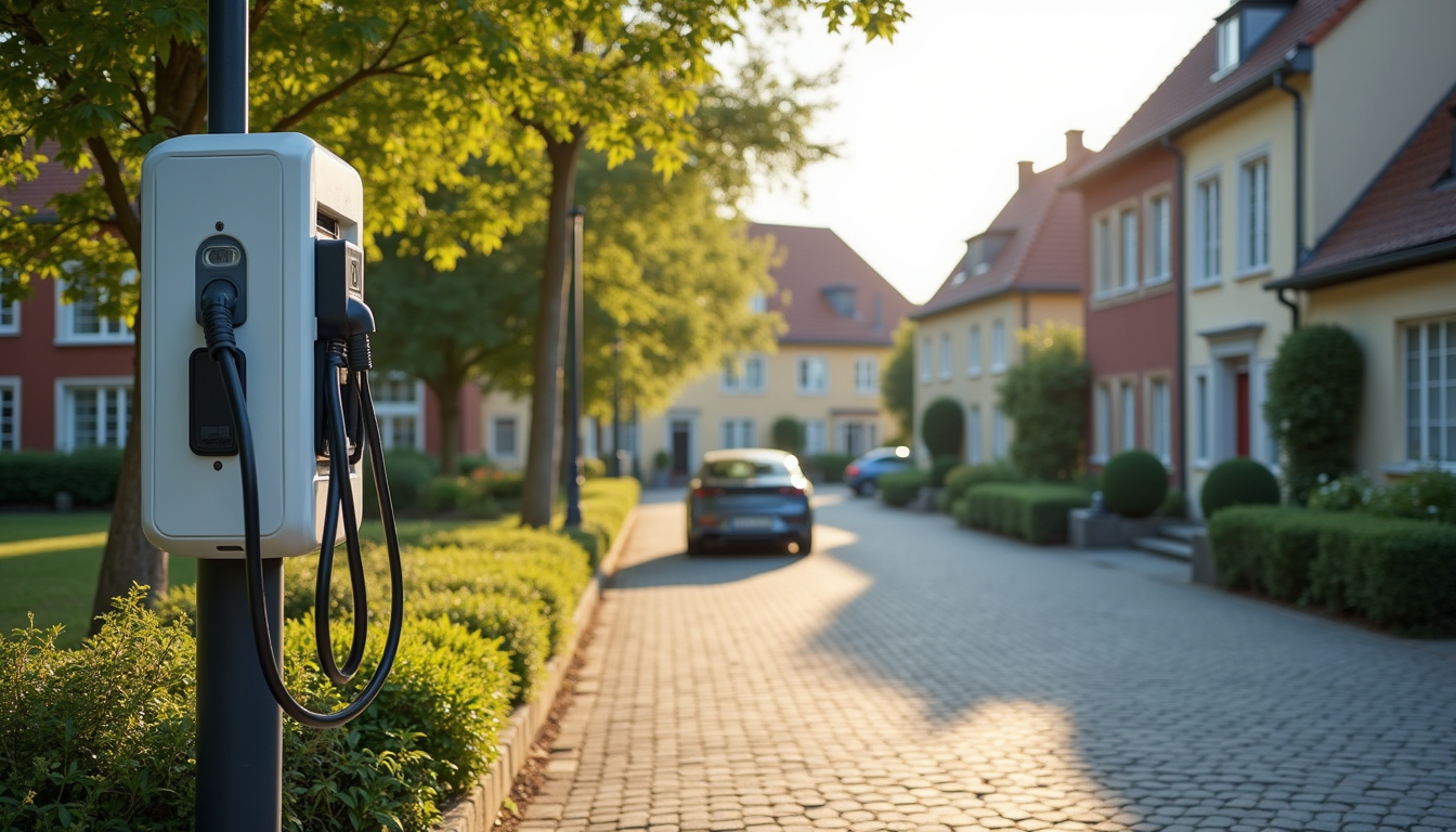 Borne de recharge électrique installée dans une rue résidentielle de Sierentz, entourée de maisons individuelles