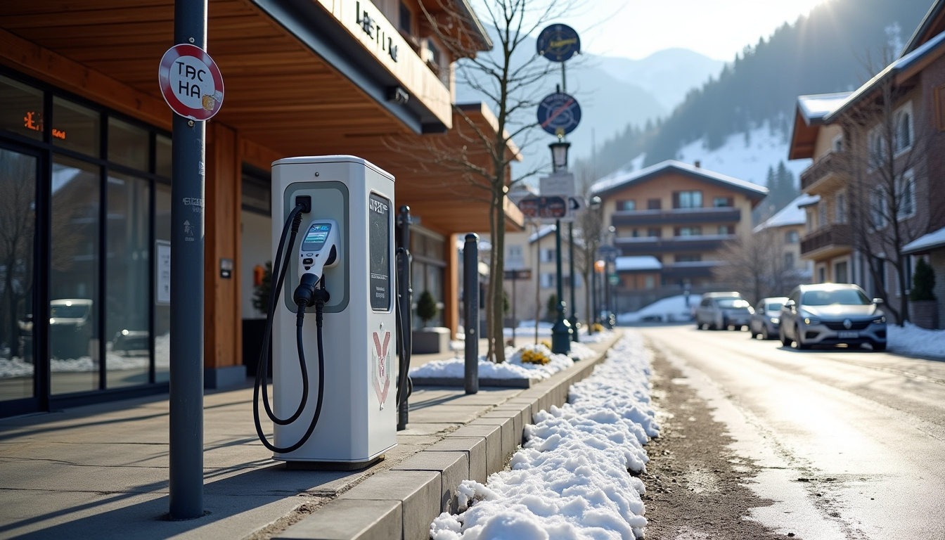 Borne de recharge électrique installée devant la mairie de Megève, rue d’Oberstdorf, avec panneaux indicateurs visibles