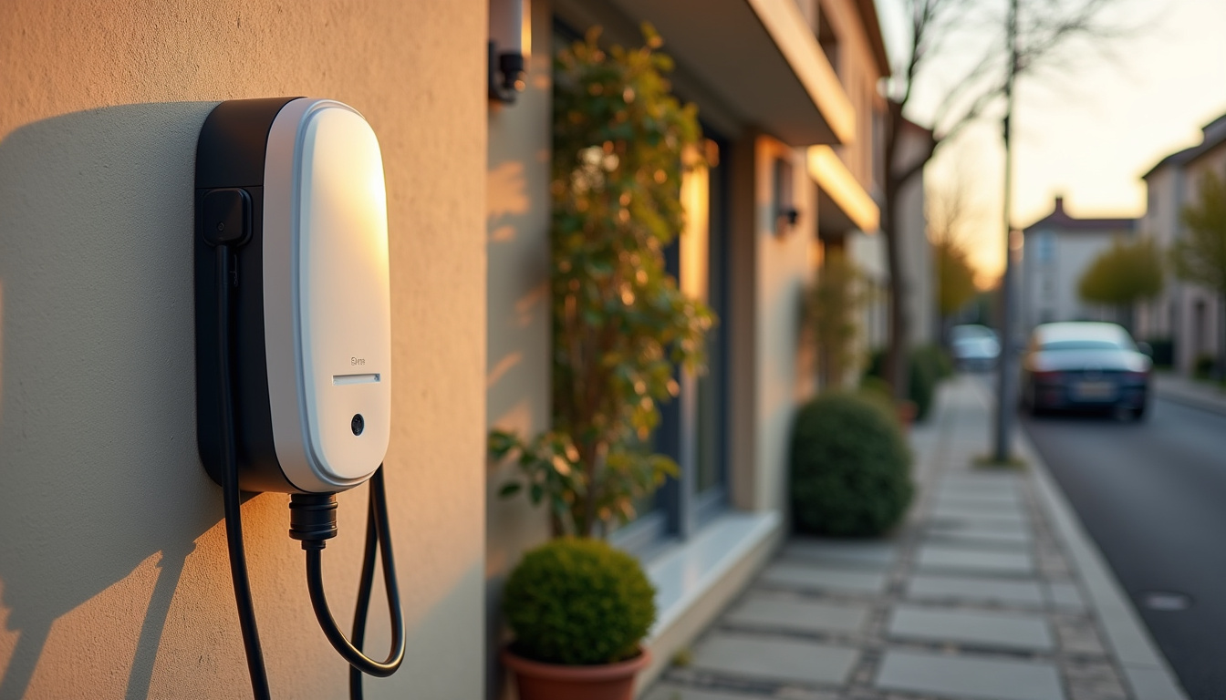 Borne de recharge électrique installée devant une maison à Angoulins, en milieu urbain résidentiel