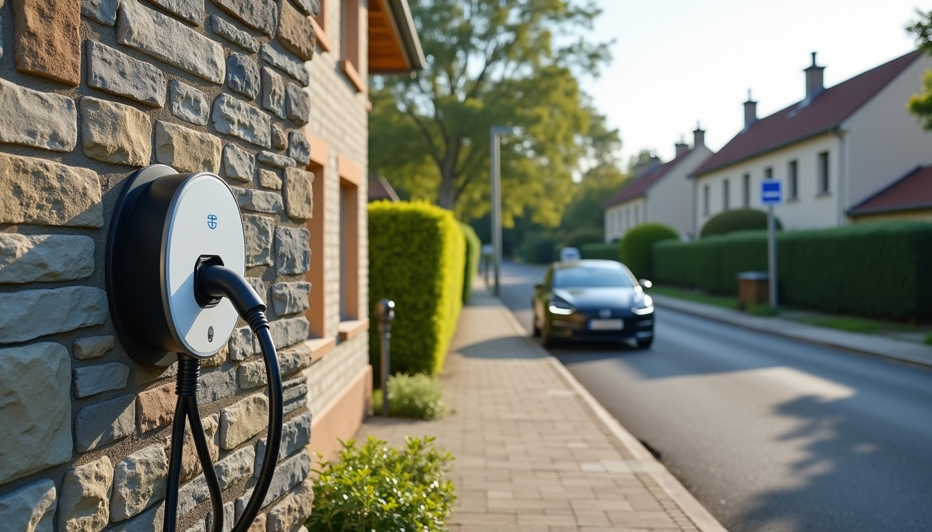 Borne de recharge électrique installée devant une maison à Connerré, en situation réelle
