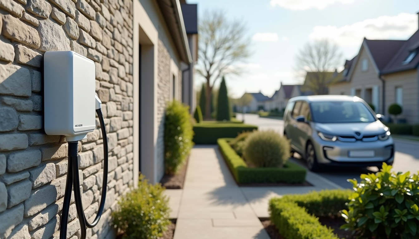 Borne de recharge électrique installée devant une maison à Limoges en plein jour