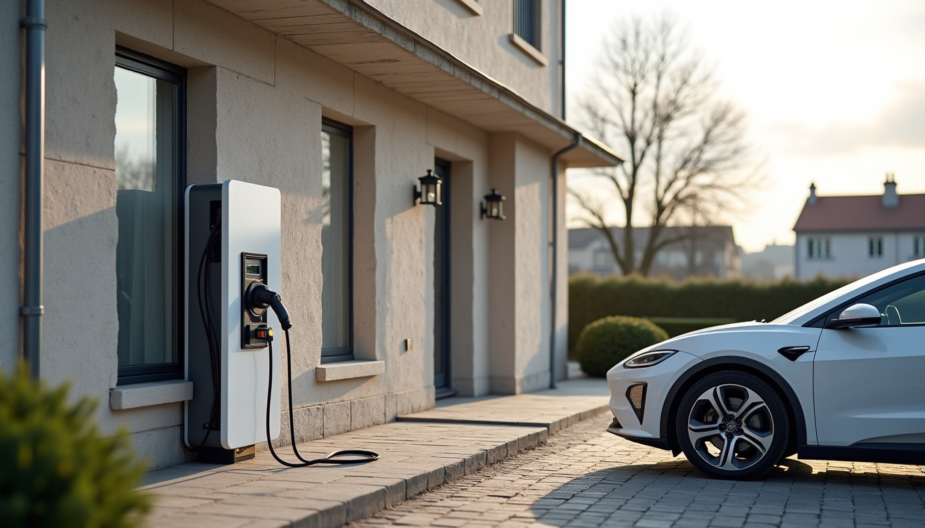 Borne de recharge électrique installée devant une maison à Rouen, en milieu urbain