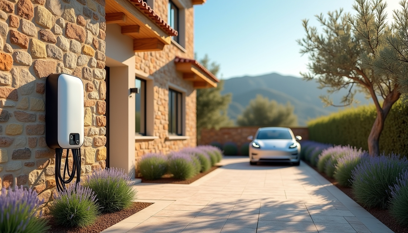 Borne de recharge électrique installée devant une maison à Rougiers, en extérieur, avec environnement méditerranéen